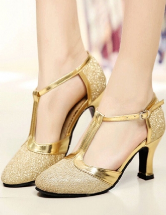 Dame Guld Balsal Sko Glitter Rund Tå T Type Vintage Salsa Dansesko