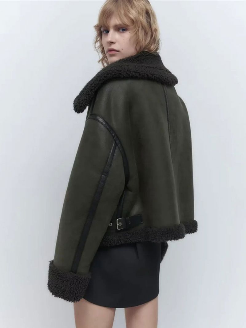 Double Faced Jacket Dark Green Moto Til Kvinder Vinter Overtøj - Mørkegrøn