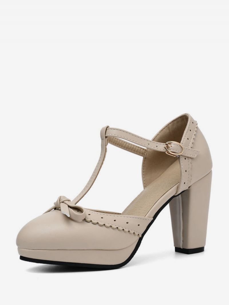 Kvinder Høje Hæle Blå Pu Læder Spidstå T Type Sløjfer Vintage Sko - Beige