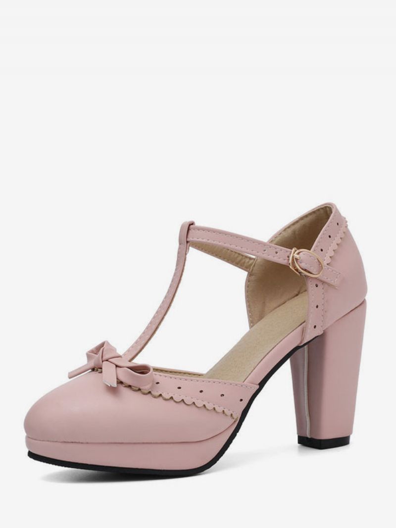 Kvinder Høje Hæle Blå Pu Læder Spidstå T Type Sløjfer Vintage Sko - Pink