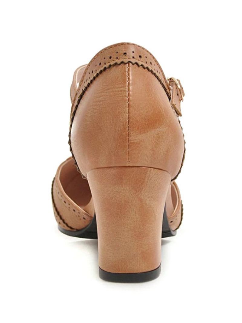 Kvinder Mellem-lave Hæle Mandel Tå Chunky Hæl T-type Bandage Vintage Pumps - Kaffebrun