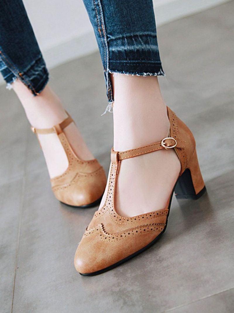 Kvinder Mellem-lave Hæle Mandel Tå Chunky Hæl T-type Bandage Vintage Pumps - Kaffebrun