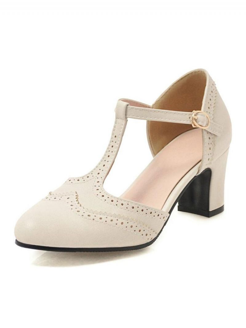 Kvinder Mellem-lave Hæle Mandel Tå Chunky Hæl T-type Bandage Vintage Pumps - Beige