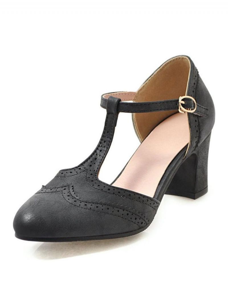 Kvinder Mellem-lave Hæle Mandel Tå Chunky Hæl T-type Bandage Vintage Pumps - Sort