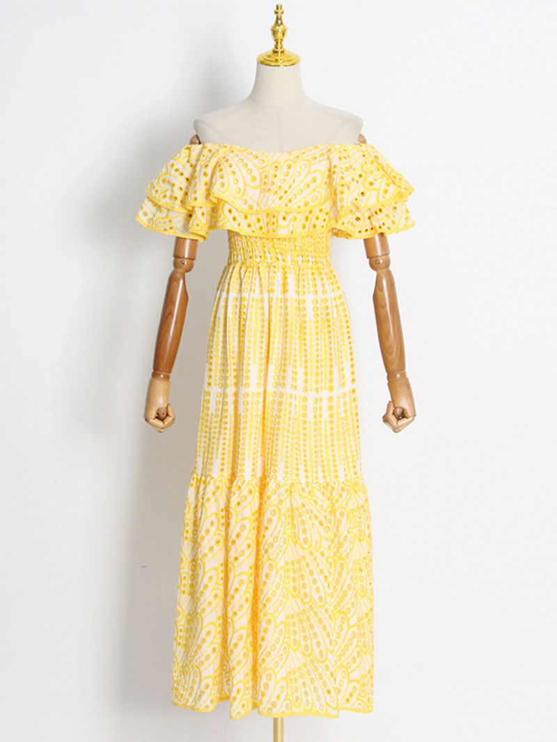 Kvinders Boho Kjole Stropløs Bateau Neck Ærmeløs Lace Summer Dress - Gul