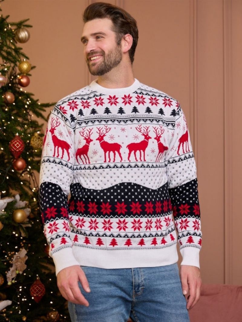 Kvinders Julemønster Sweater Med Rund Hals Og Lange Ærmer Til Par - Hvid