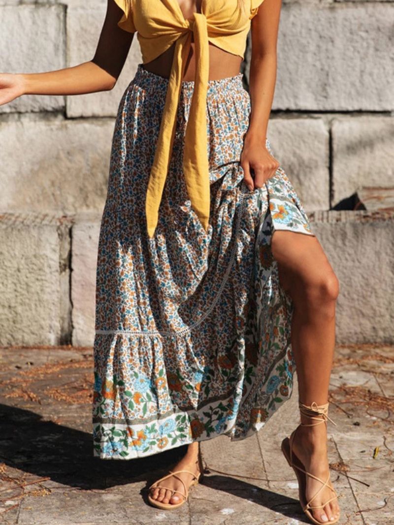 Kvinders Røde Hel Nederdel Trykt Høj Talje Snørebånd Boho Casual Sommer Lange Kjoler - Lysegul