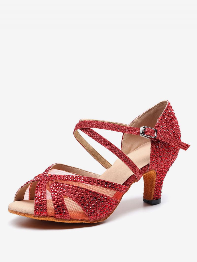 Kvinders Tilpassede Latinske Dansesko Sølv Peep Toe Rhinestones Ballroom Dance Sko - Rød