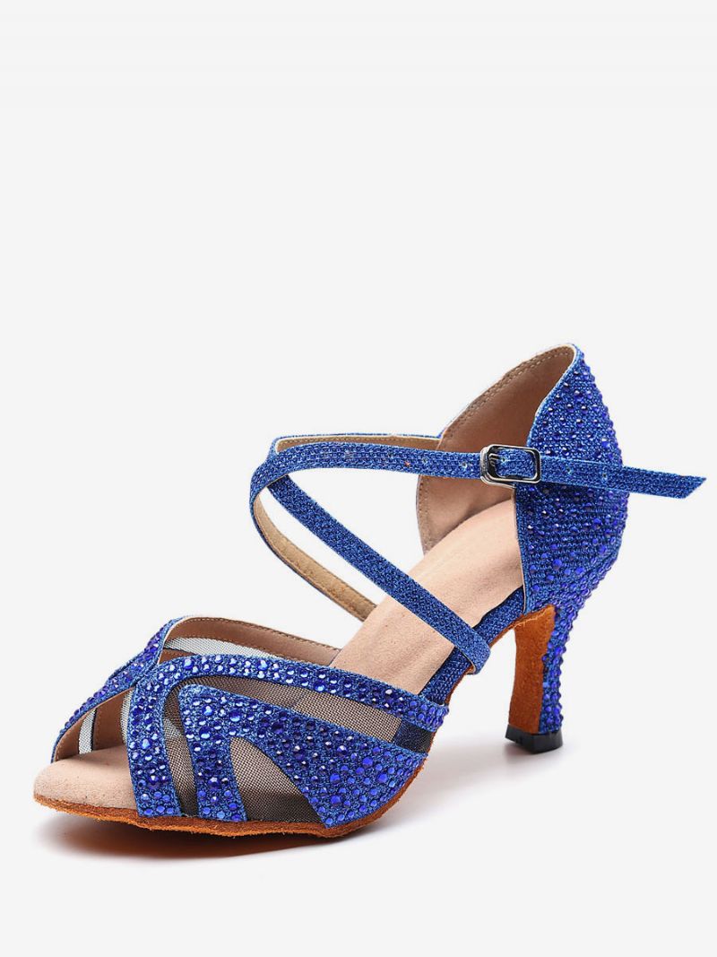 Kvinders Tilpassede Latinske Dansesko Sølv Peep Toe Rhinestones Ballroom Dance Sko - Blå