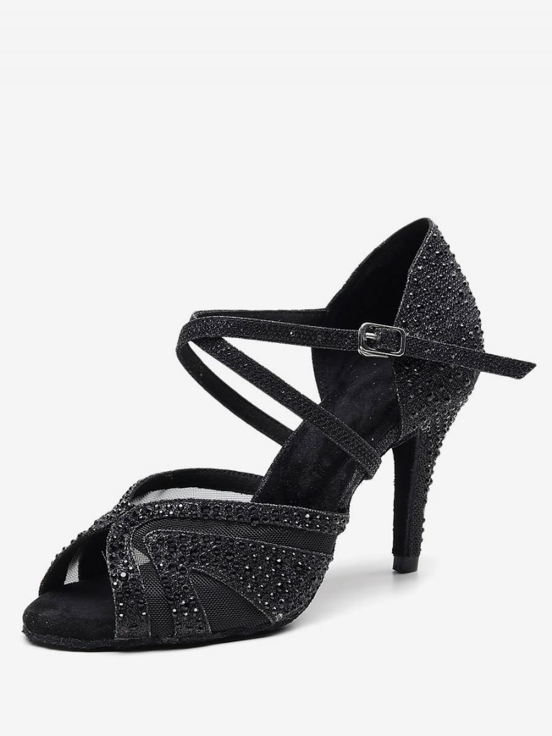 Kvinders Tilpassede Latinske Dansesko Sølv Peep Toe Rhinestones Ballroom Dance Sko - Sort