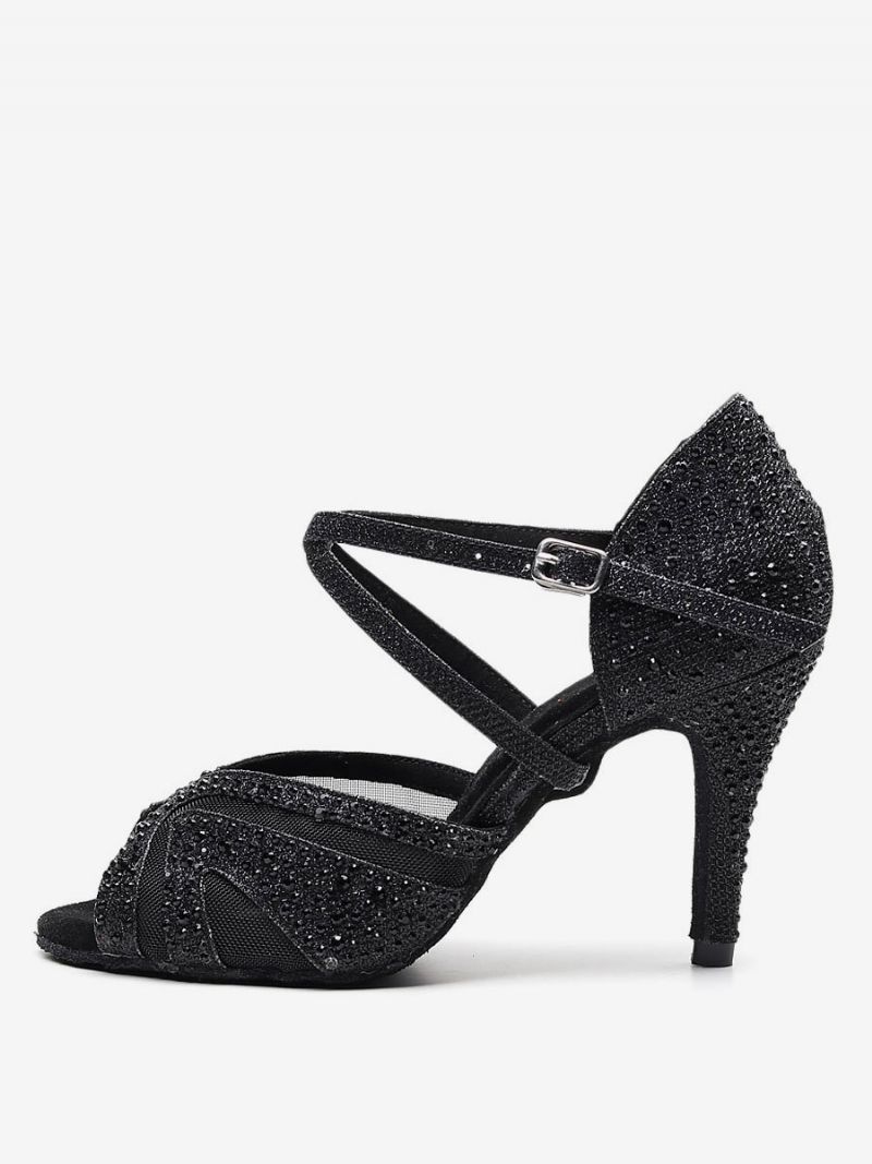 Kvinders Tilpassede Latinske Dansesko Sølv Peep Toe Rhinestones Ballroom Dance Sko - Sort