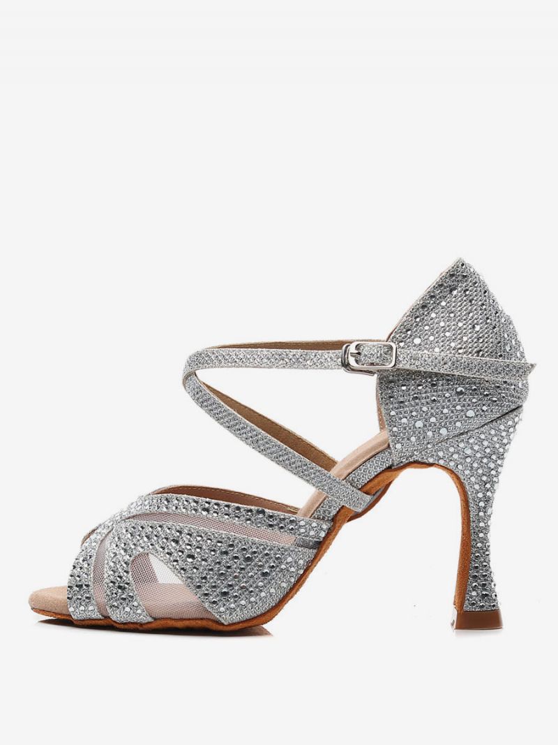Kvinders Tilpassede Latinske Dansesko Sølv Peep Toe Rhinestones Ballroom Dance Sko - Sølv