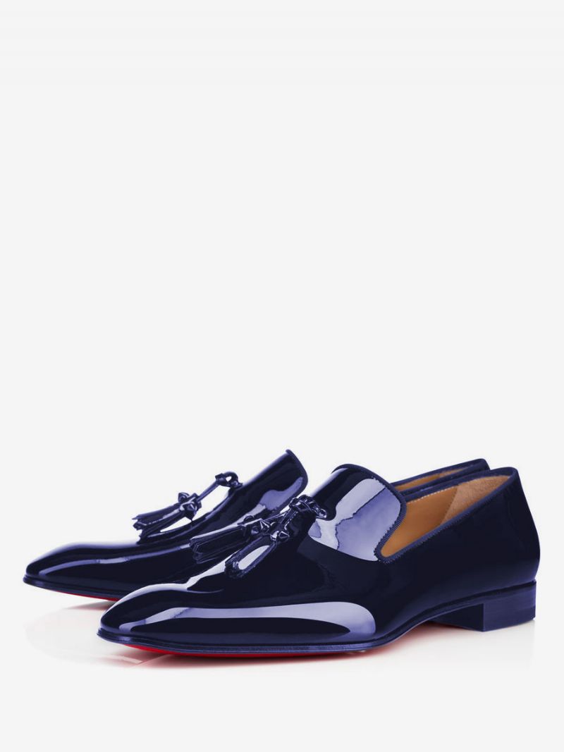 Mænds Kjole Loafers Slip-on Kvast Patent Læder Firkantet Tå Gallafest Bryllup Sko - Dyb Blå